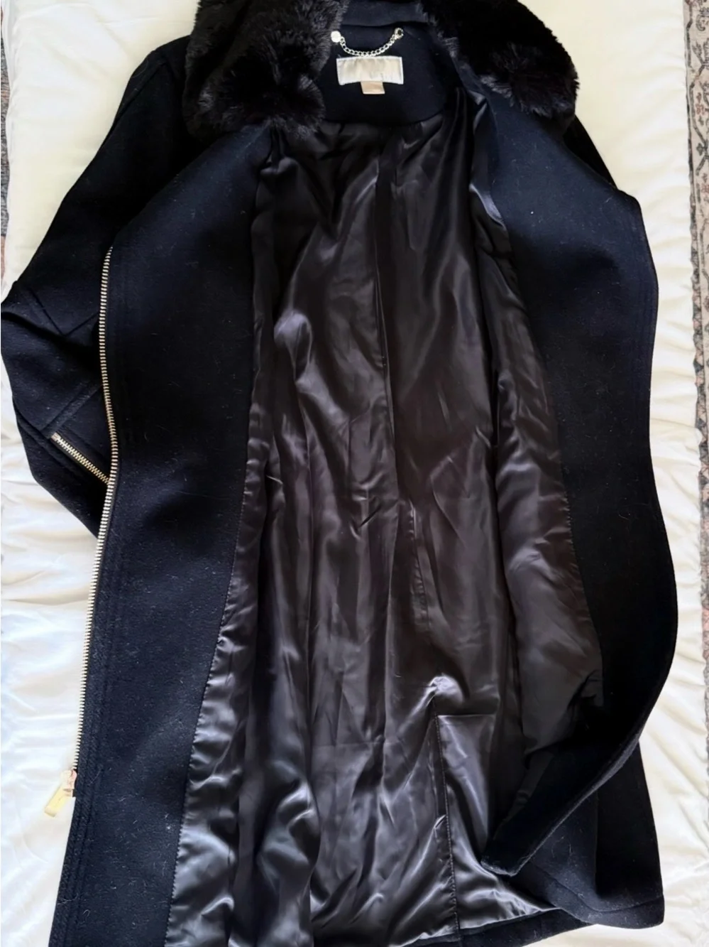 Michael Kors Black Wool-Blend Trench Coat with Faux Fur Collar